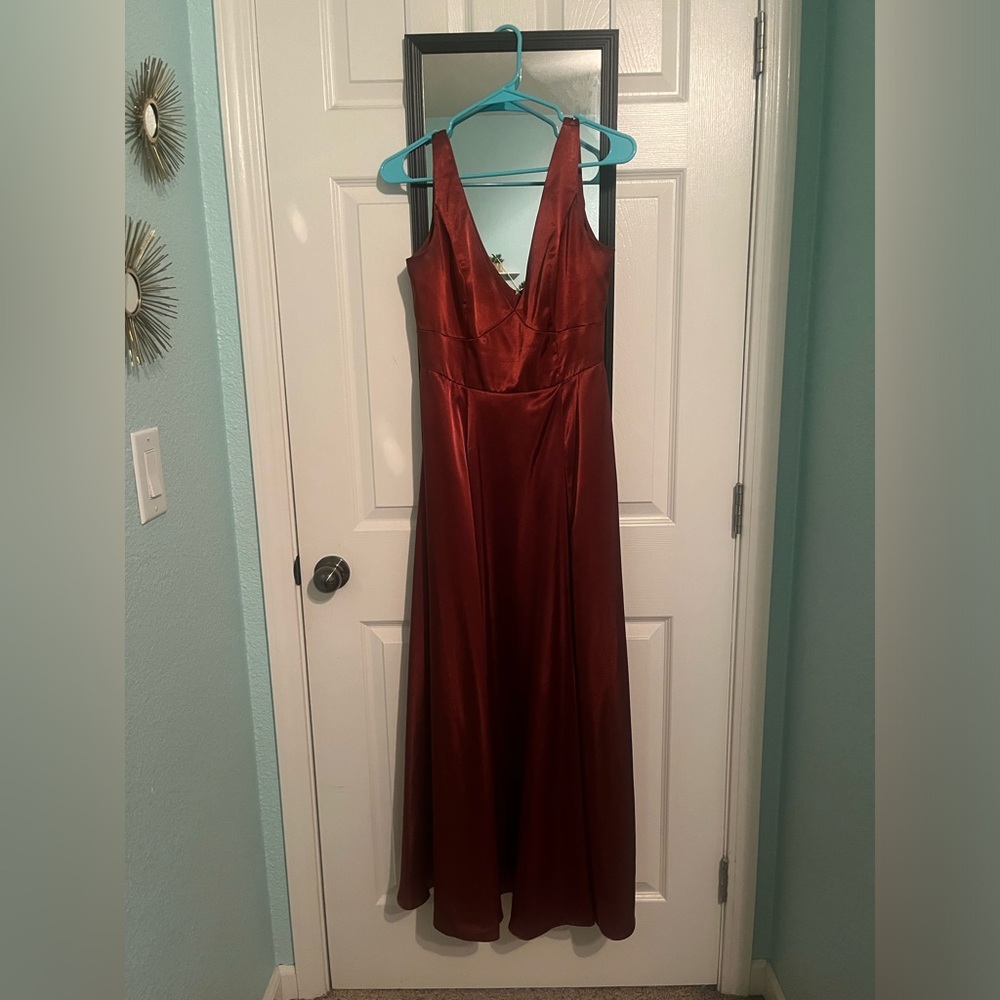 Galina signature bridesmaids charmeuse tank v-neck dress with slit-cinnamon